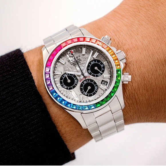 RARE NWT Duxot Accelero Meteorite Dial Rainbow Bezel Chronograph Watch - Picture 2 of 8